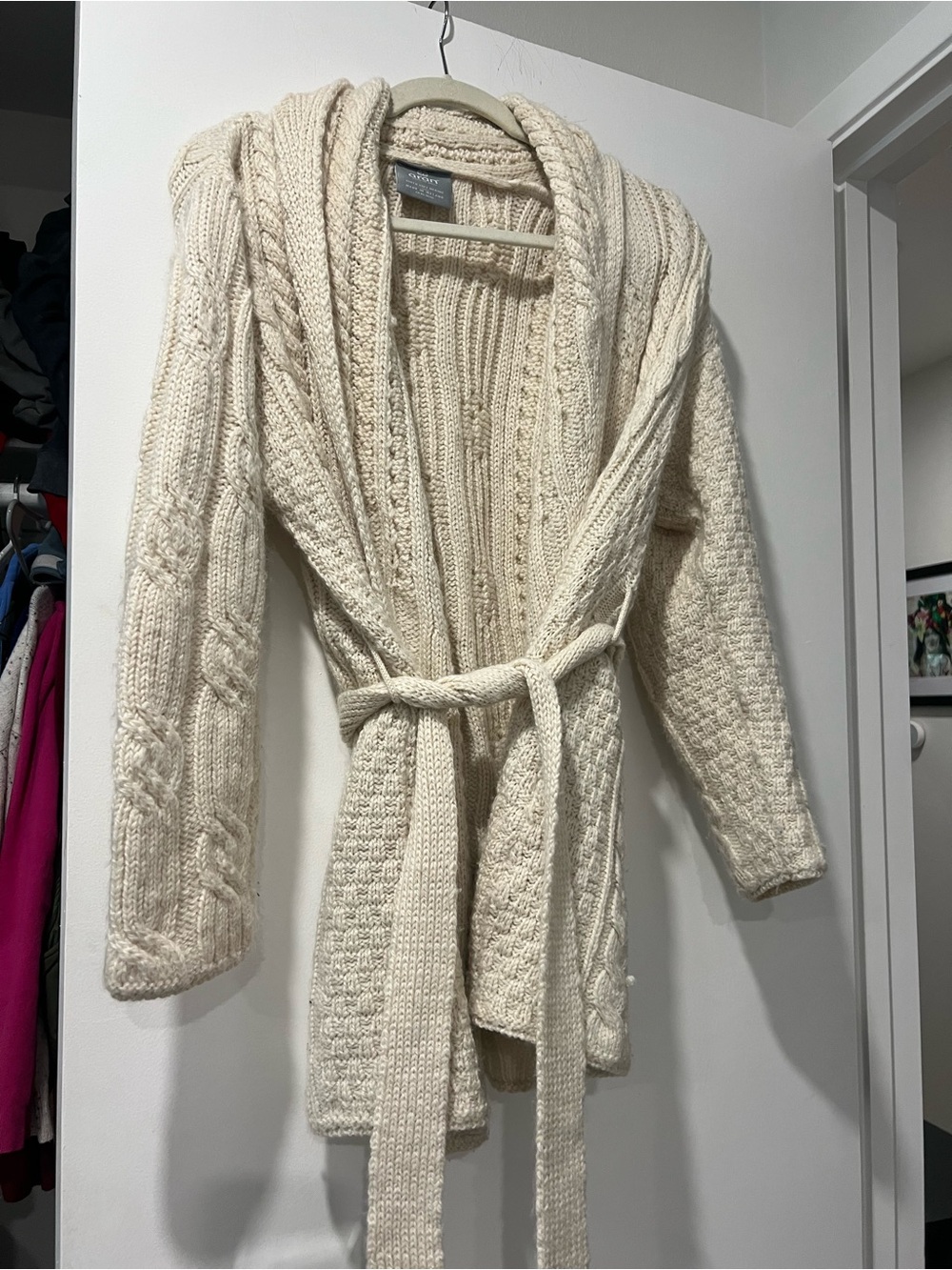 Aran Woolen Mills 100% Wool Cream Cable-Knit Open Front Cardigan